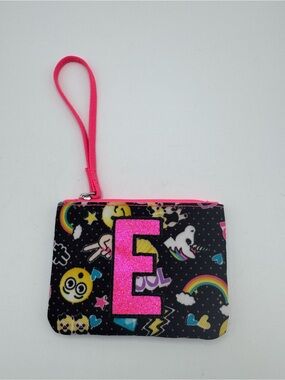 Justice Neon Initial E Emoji Rainbow Canvas Pink Zip Mini Pouch Wrislet